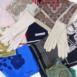 A group of designer silk scarves, including Liberty, and lady's leather gloves