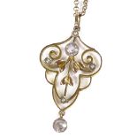 An Edwardian 9ct gold amethyst and split-pearl pendant necklace, with openwork stylised settings, on