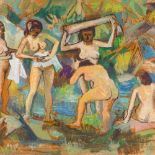 Mid-20th century British School, oil on canvas, bathers in a forest glade, unsigned, 27" x 36",