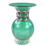 Anthony Stern, green iridescent Studio glass vase with silver overlay collar, height 14cm