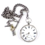 A 19th century silver-cased open-face key-wind pocket watch, Roman numeral hour markers and