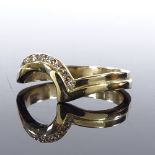 A 9ct gold diamond wishbone wedding band ring, setting height 7.5mm, size L, 2g