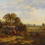 19th century oil on canvas, travellers and hay cart on a country road, unsigned, 12.5" x 18", framed