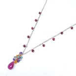 A silver ruby and gemstone necklace, necklace length 43cm, 5g