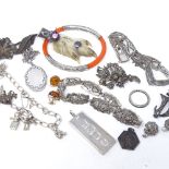 Various silver jewellery, including a coral bangle and an ingot pendant