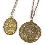 2 9ct gold pendant necklaces, on 9ct chains, largest pendant diameter 25.2mm, 14g total (2)