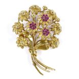 A 1960s 18ct gold ruby cluster floral spray brooch, maker's marks RHB, brooch length 58.1mm, 18.8g