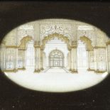 An Indian painted and gilded miniature on ivory, depicting temple interior, panel size 12cm x 8cm,
