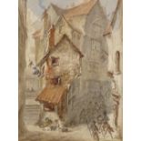 Watercolour circa 1900, historical street scene, unsigned, 10" x 7.5", framed