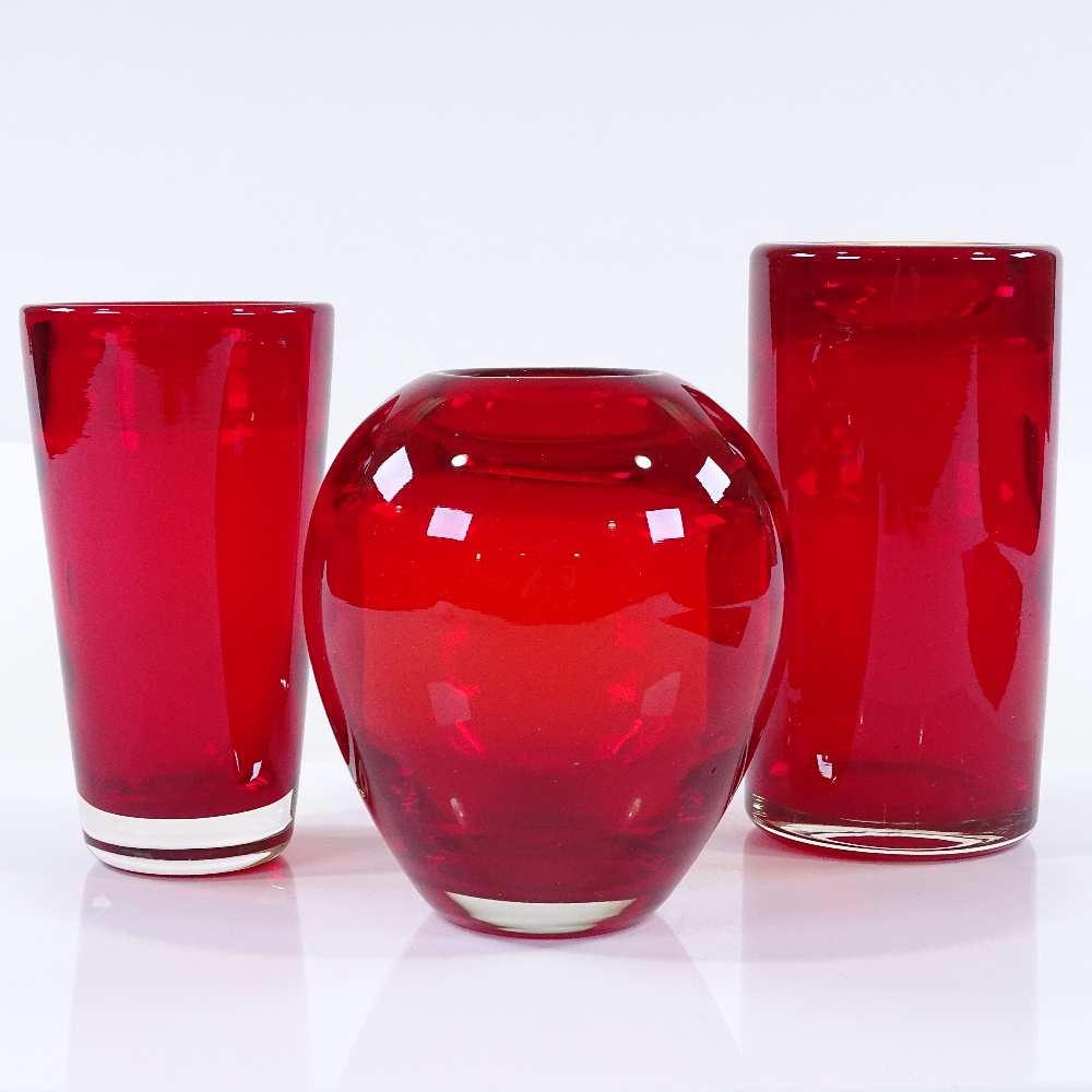 3 Whitefriars ruby glass vases designed by Geoffrey Baxter 1957-'64, largest height 16cm - Image 3 of 3