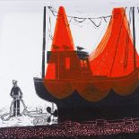 Robert Tavener, colour linocut, boat and red nets, signed in pencil, no. 4/10, image size 20" x 18",