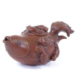 A Chinese Yixing red ware Koi carp design teapot, length 17cm