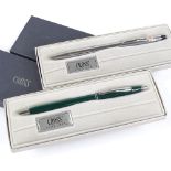 2 Cross ball pens, 1 in polished stainless steel, the other British racing green, both new and boxed