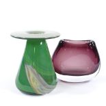 A green streaked Studio glass vase, height 13cm, and a purple glass vase (2)