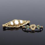 An unmarked gold split-pearl and turquoise heart bar brooch, brooch length 29.9mm, 1.6g, together