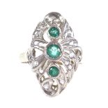 An unmarked gold emerald and CZ dress ring, setting height 21.2mm, size K, 3.5g