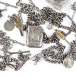 9 silver Albert chains, some with fobs, Vesta case, T-bars and dog clips, 297g total (9)