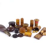 A group of Victorian treen boxes, a leather shot flask etc