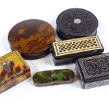 6 various 19th century boxes, including a silver inlaid papier mache snuffbox, width 7.5cm, a silver