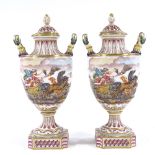 A pair of Naples porcelain 2-handled vases and covers, with relief-moulded hand painted and gilded