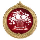 A Victorian ruby overlay cut-glass picture depicting a basket of flowers, original ornate gilt-gesso