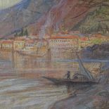 19th century pastel drawing, Continental lakeside town, unsigned, and another by the same hand,