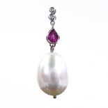 A 9ct white gold pearl ruby and diamond drop pendant, pendant height 33.7mm, 4.1g