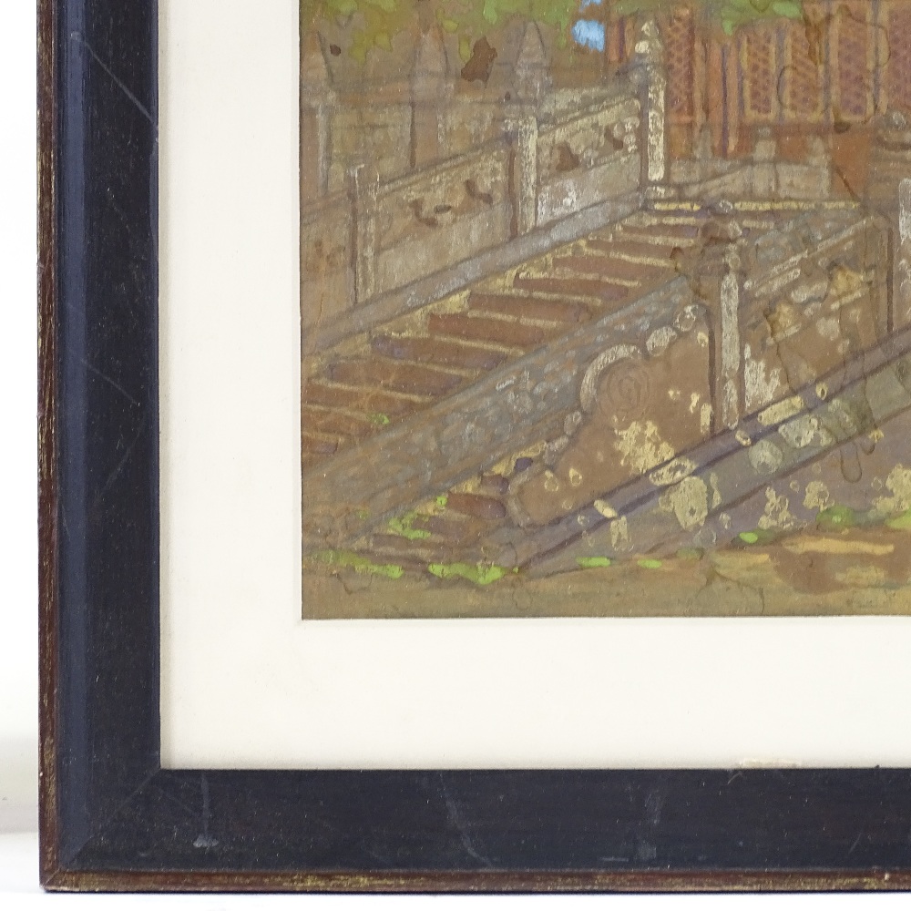 Chinese School, watercolour/gouache, circa 1920s, temple buildings, 13.5" x 19", framed - Image 4 of 4
