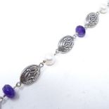 A Celtic sterling silver amethyst and pearl bracelet, bracelet length 22cm, 17.9g