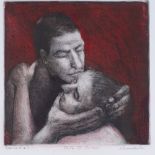 Corinna Button, coloured etching, faith III, signed in pencil, image size 13.5" x 13.5", framed