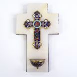 A 19th century wall-mounted alabaster and brass cross, with brass and champleve enamel mounts,