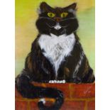 Mixed media, acrylic/gouache, black and white cat, indistinctly signed, 32" x 23", framed