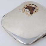 A French silver gold sapphire and enamel horse racing cigarette case, with curved edges, maker's