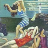 Modern oil on canvas, bathers at the beach, 24" x 18", framed