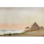 Augustus Lamplough, watercolour, the Isle of Rhoda, signed, 10" x 24", framed