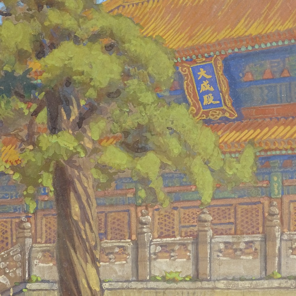 Chinese School, watercolour/gouache, circa 1920s, temple buildings, 13.5" x 19", framed - Image 3 of 4