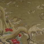 A Japanese watercolour on fabric circa 1900, depicting birds in blossom tree, in embroidered silk