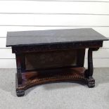 A 19th century padouk serving table serving table with dark grey marble top, acanthus carved