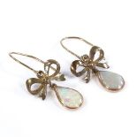 A pair of opal drop ribbon earrings, with shepherd hook fittings, overall height 30.5mm, 1.5g