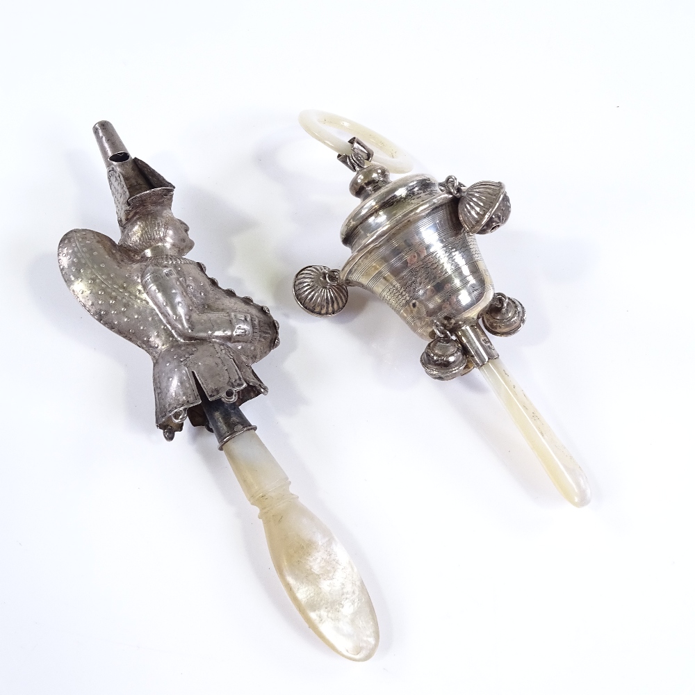 A silver and mother-of-pearl baby's rattle, and an 18th century French rattle/whistle in the form of - Image 2 of 3
