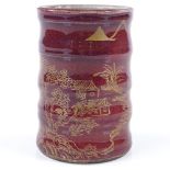 A Chinese red glaze porcelain brush pot with hand painted gilded landscape design, gold painted 4