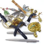 Various jewellery, including brooches, watches, and Parker pens