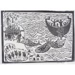 Azaria Mbatha (born 1941), linocut, Jonah and fish, signed and numbered 64/70, sheet size 17.5" x