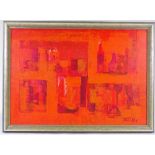 Jan Wild, oil on board, red abstract, signed, 22" x 32", framed