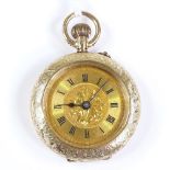 A 12.5ct gold open-face top-wind fob watch, floral engraved case and face with Roman numeral hour