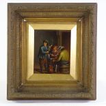 19th century oil on metal, 3 men in a tavern, unsigned, 8" x 6.5", framed