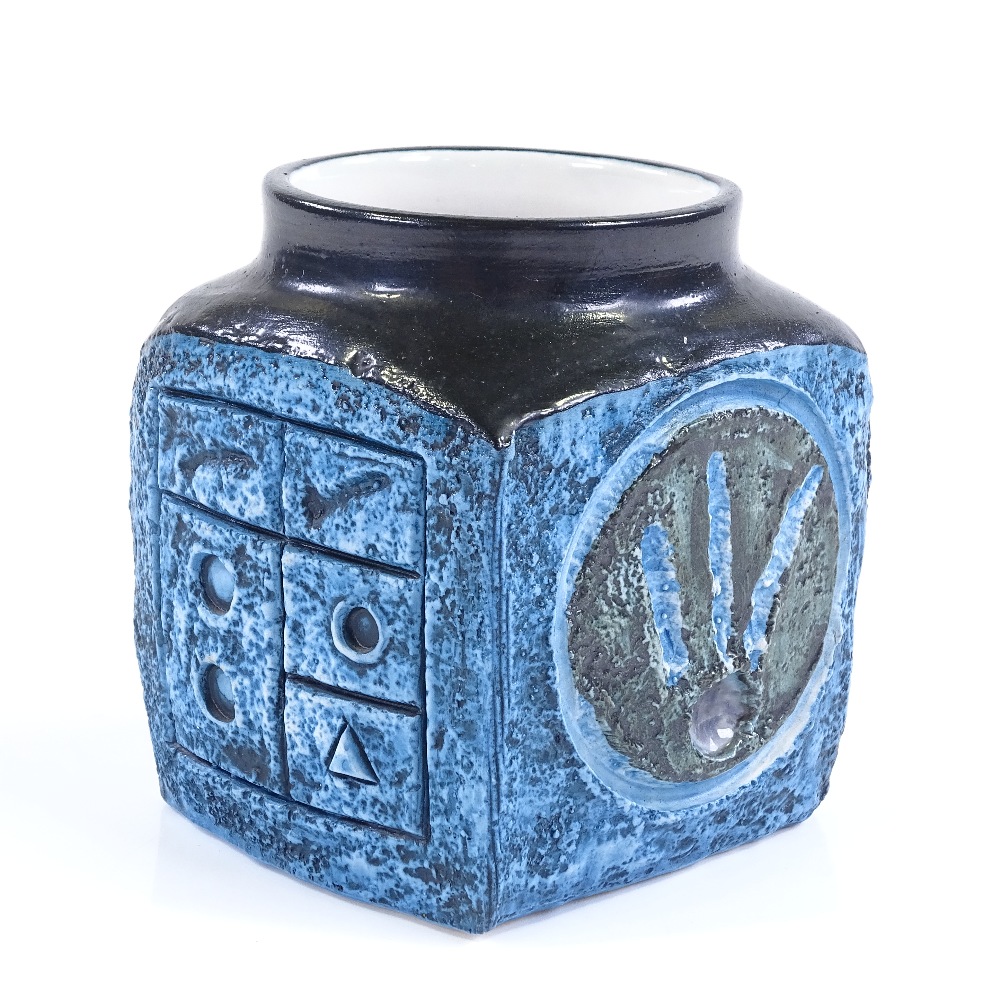 Troika Pottery Marmalade pot, blue relief-moulded abstract sides with black glazed shoulders, height - Image 2 of 3