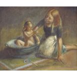 James Gouvier, oil on board, woman and child, signed, 9.5" x 11.5", framed