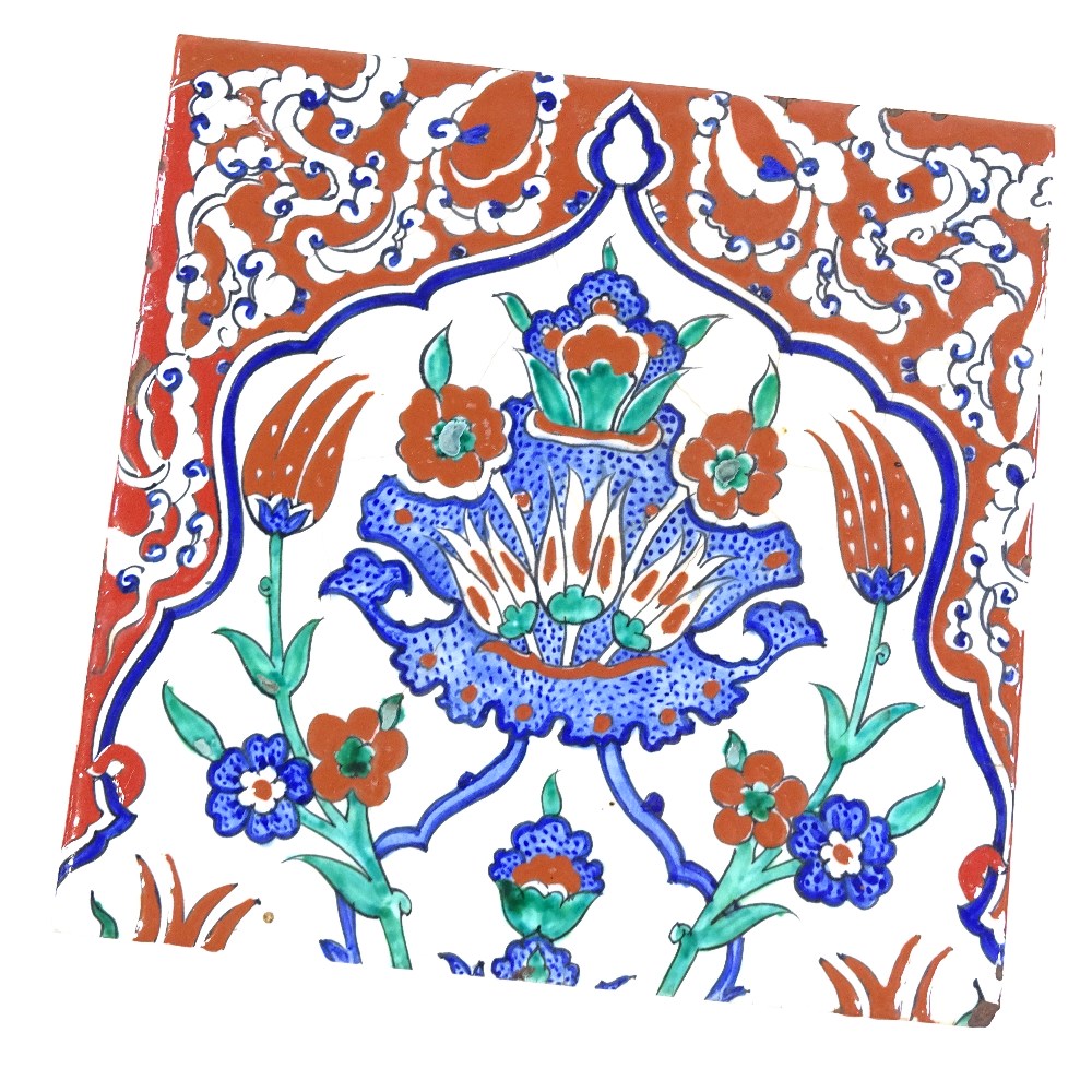 A Turkish painted pottery tile, 25cm x 25cm - Image 2 of 3