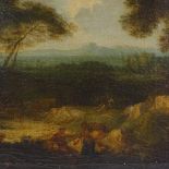 18th/19th century oil on canvas laid on board, Classical landscape, unsigned, 16" x 20", unframed